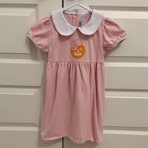 Trotter St. Kids Pink Striped Kids Dress with Pumpkin Embroidery